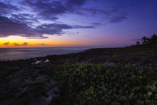 Vivid sunset over Akumal, Mexico's coastline with dramatic skies and lush vegetation.