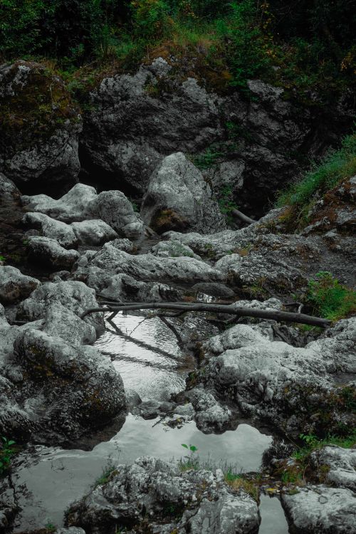 Free Tranquil stone-filled stream amidst lush green mountain terrain. Stock Photo