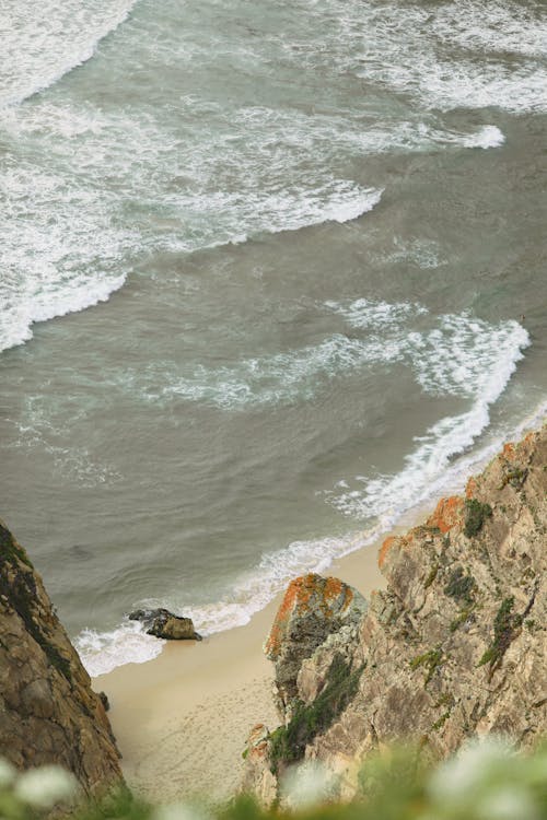 High Angle View of a Rough Sea and a Rocky Shore