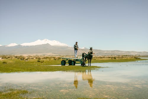 Two people on horseback ride through a lake with mountains in the background