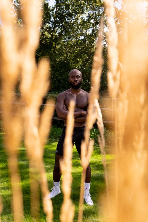 Free A muscular, bald man stands confidently amongst tall grasses in a sunlit, summer field. Stock Photo