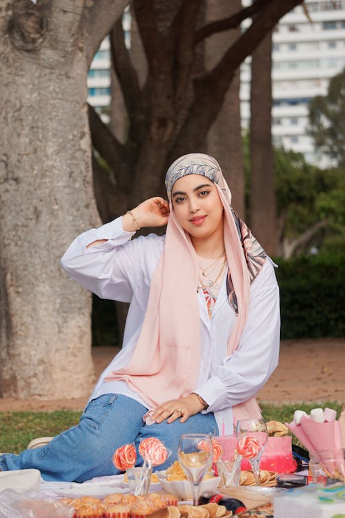 Woman in Hijab Sitting on Picnic