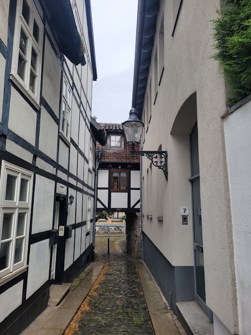 Narrow Alley Between Townhouses in City