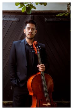 A young, elegant cellist poses with his cello in a stylish black suit against a dark background.