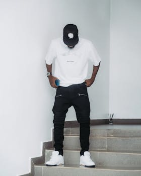 Casual young man in white t-shirt and black pants standing on indoor steps.