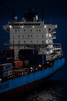 A large container ship sailing on the ocean at night, illuminated by lights.