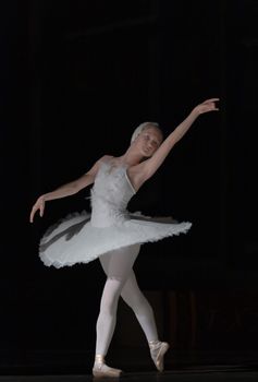 Graceful ballerina performing a classic ballet pose in a white tutu on stage.