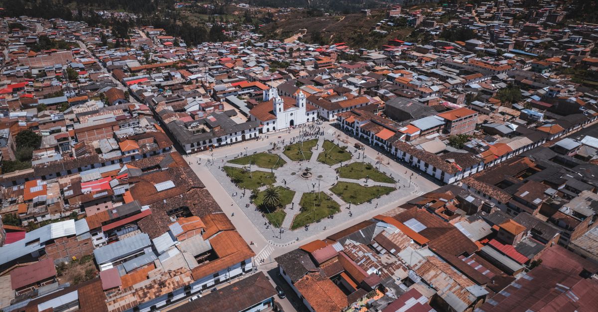 Aerial view of the main square with the cathedral of Chachapoyas, Peru