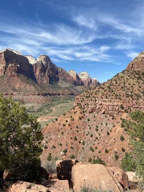 Free Breathtaking view of Zion National Park's rocky landscape with blue skies. Stock Photo