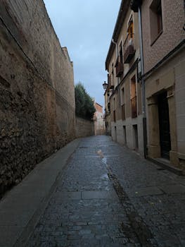 Explore the charming cobblestone streets of Segovia's historic old town in this atmospheric image.