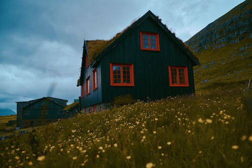 Gratis lagerfoto af færøerne, grøn bjergskråning, hytte