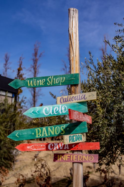 Free Multi-colored signpost indicates diverse destinations in serene outdoor locale. Stock Photo