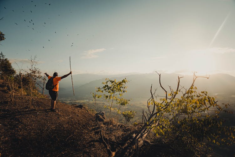 Hiker Expressing Satisfaction After Climbing A Mountain