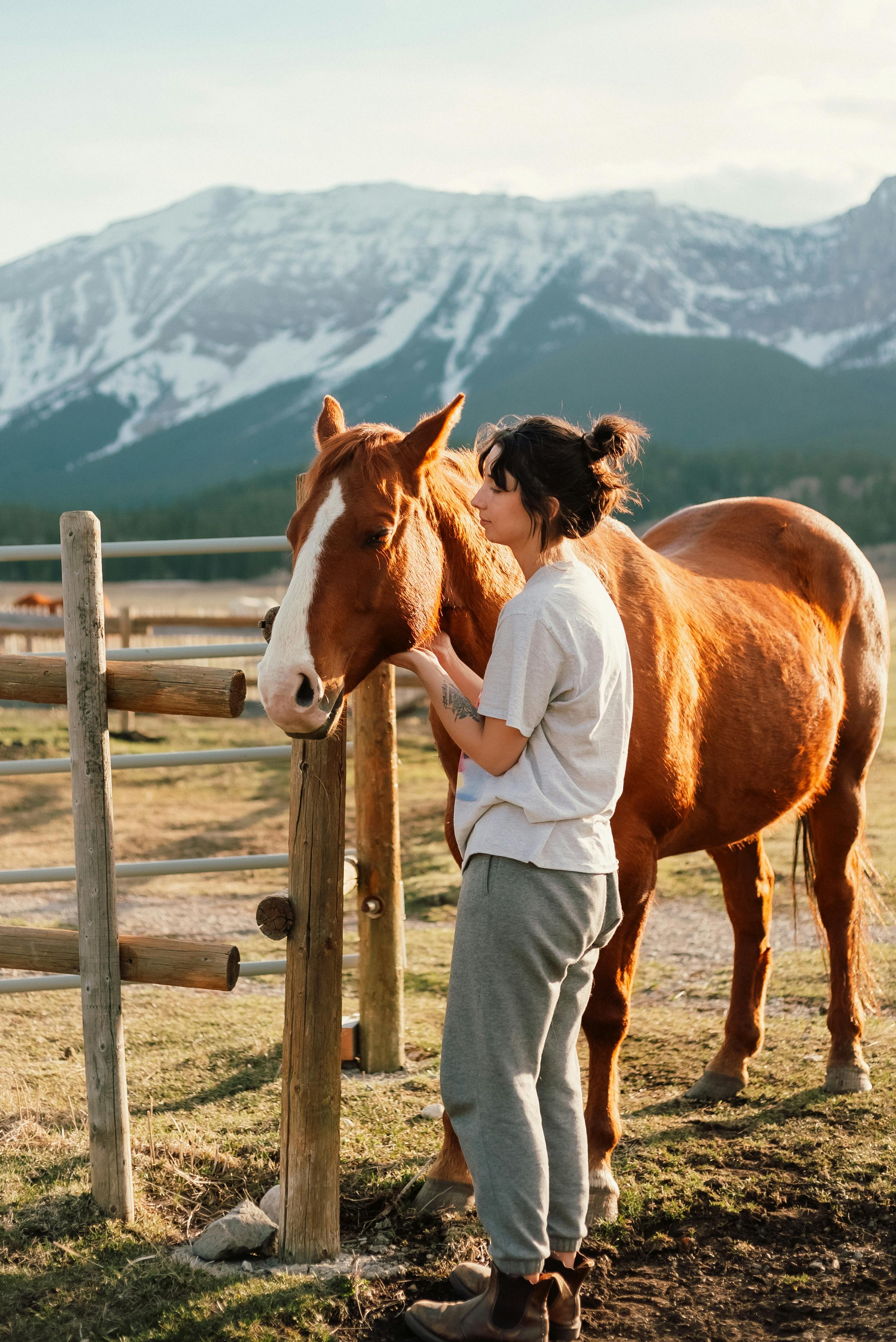 A woman stands with her brown horse in a picturesque mountain pasture, surrounded by nature.