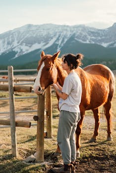 A woman stands with her brown horse in a picturesque mountain pasture, surrounded by nature.
