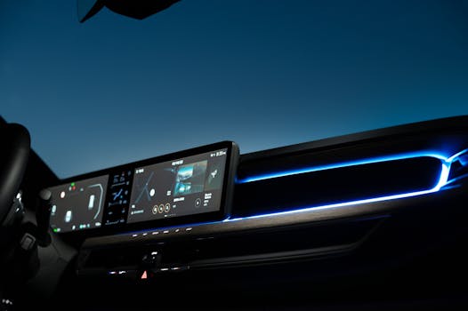High-tech car dashboard featuring navigation and entertainment screens illuminated at night.