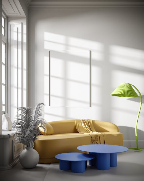 Yellow Sofa by Blue Coffee Tables