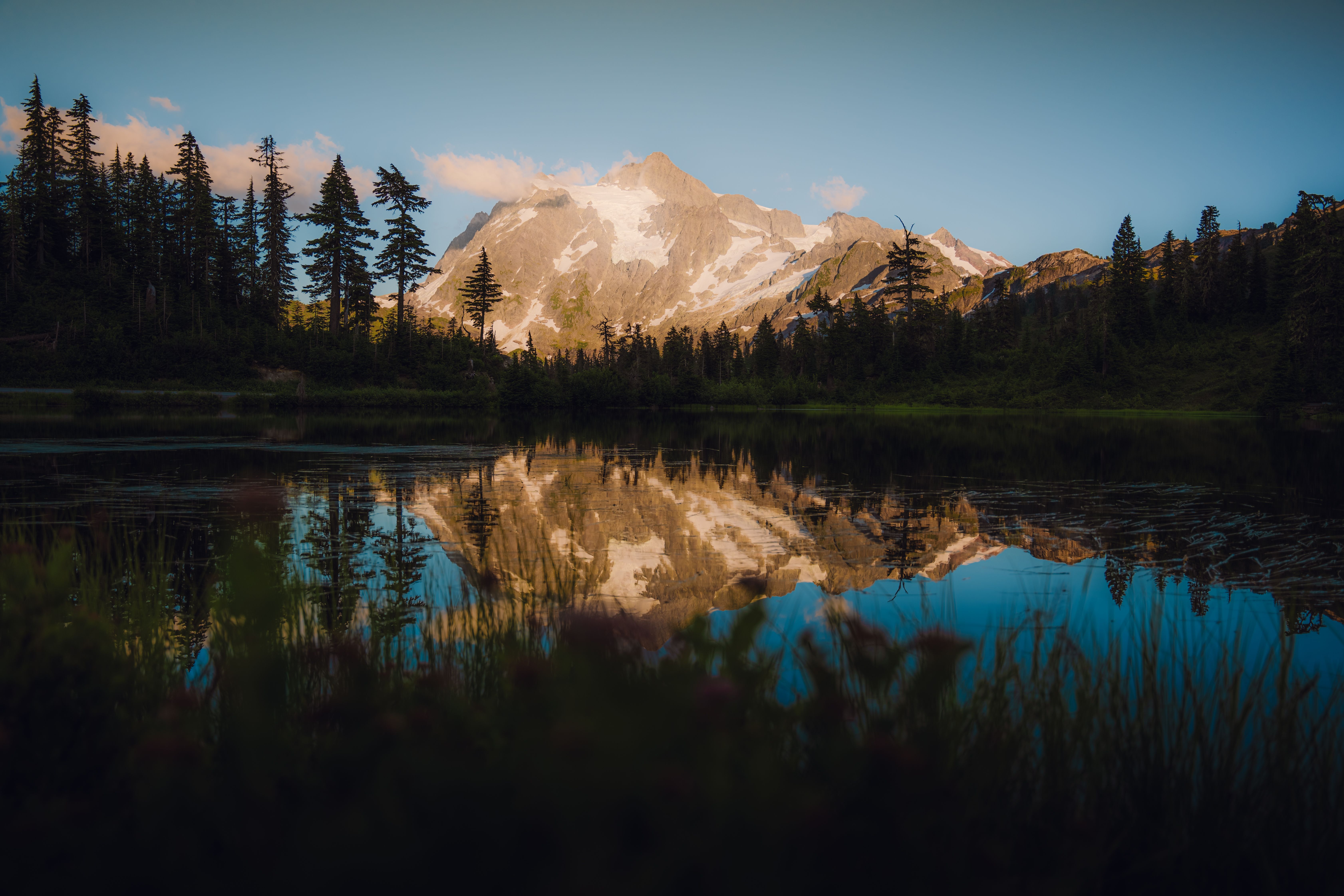 Mount Shuksan reflected in an alpine lake near the Chain Lakes Loop
