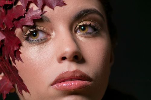Free Artistic close-up portrait of a woman with red leaves, emphasizing beauty and natural elements. Stock Photo