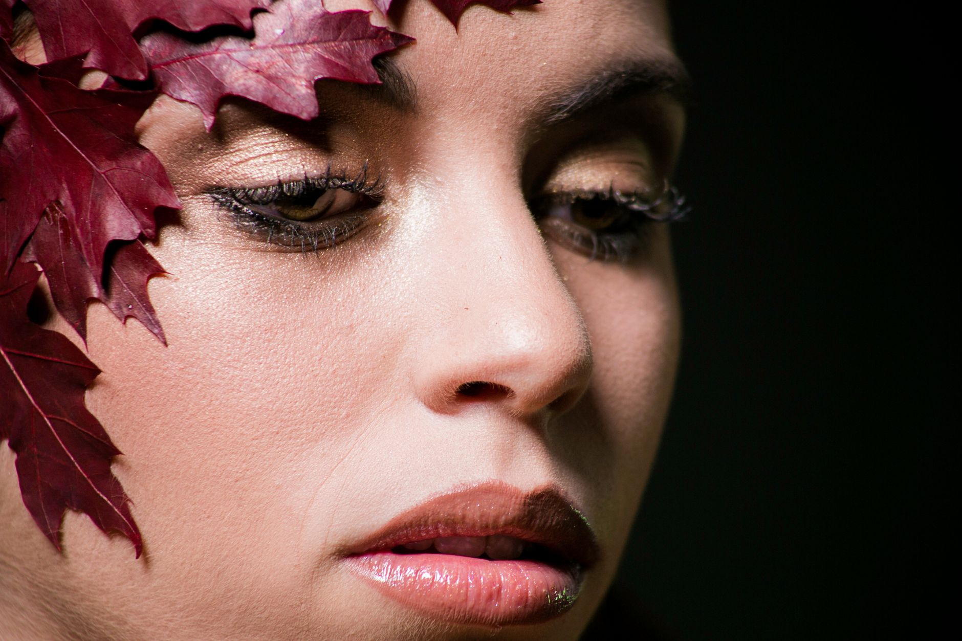 Artistic close-up portrait of a woman with red leaves on her forehead, showcasing beauty and nature.