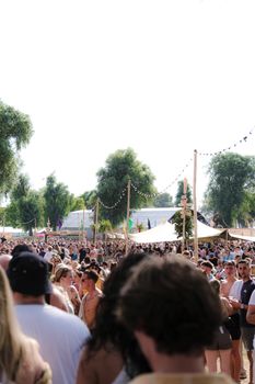 Lively outdoor music festival with a diverse crowd enjoying a sunny day.