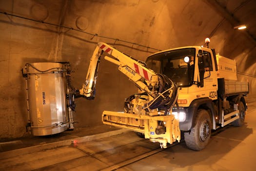 Heavy-duty vehicle operating in a tunnel, showcasing industrial construction and engineering.