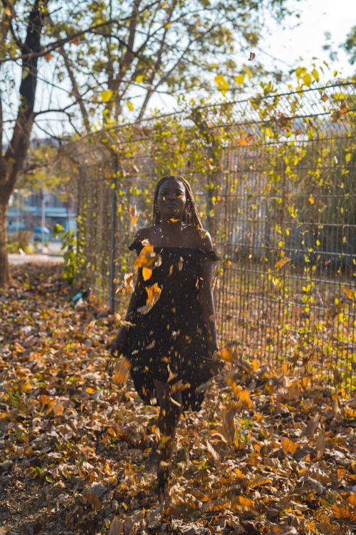 Free African woman in black dress posing among autumn leaves in Abuja park. Stock Photo