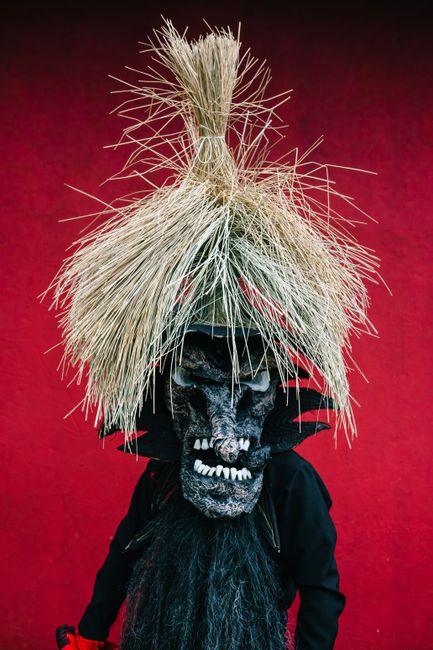 Intricate mask from the Diablos Festival in Portobelo, Panama, showcasing cultural heritage.