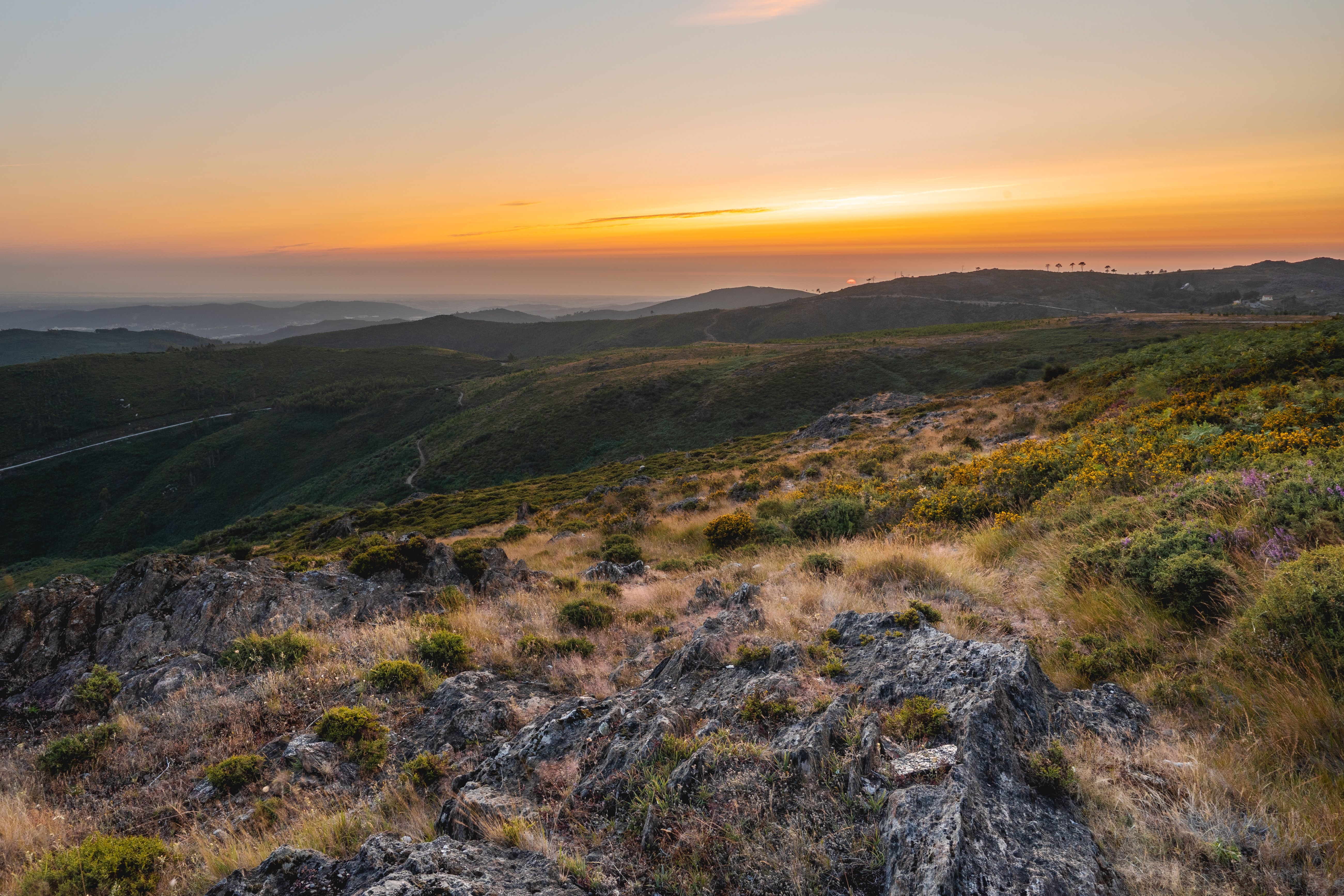 Breathtaking sunset view over Albergaria da Serra's rolling hills in Portugal.