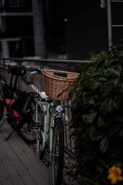 Free Close-up of a bicycle with a wicker basket parked near urban railings. Stock Photo
