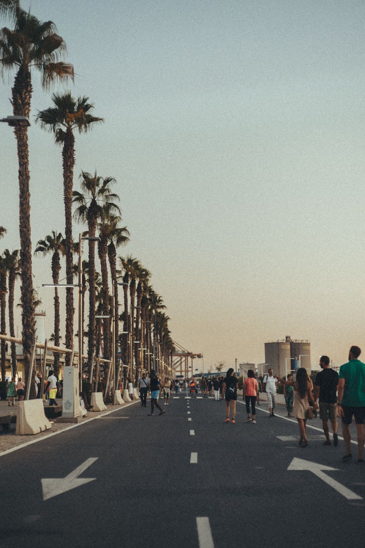 People Walking Om Road In Tropical Landscape On Sunset