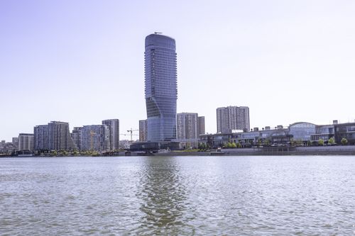 Free A cityscape of modern skyscrapers along the Danube River in Belgrade, Serbia. Stock Photo
