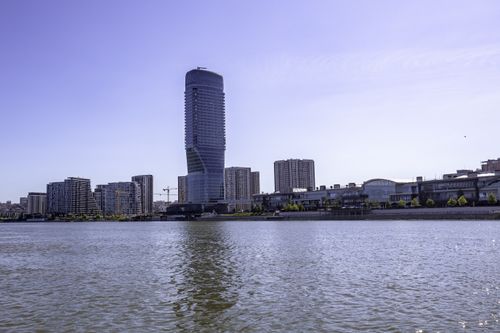 Free View of the contemporary Belgrade skyline featuring the Belgrade Tower across the Sava River. Stock Photo