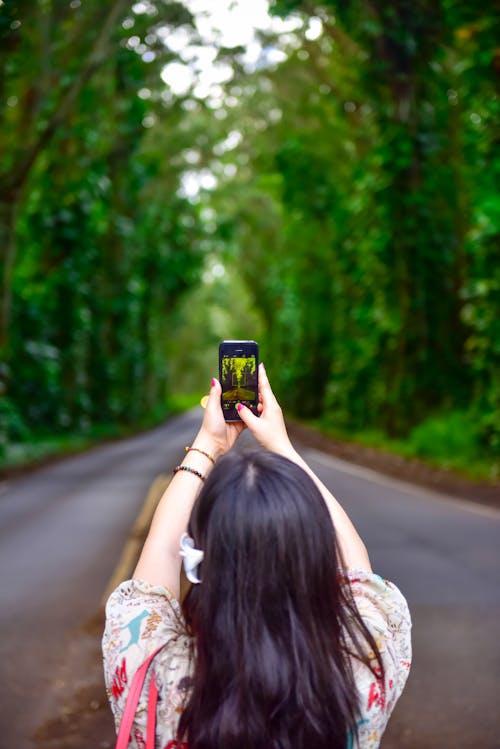 Frau, Die Smartphone Auf Straße Zwischen Bäumen Hält