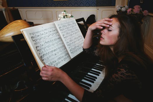 A woman sits at a piano, holding sheet music, looking thoughtful with hand on forehead.
