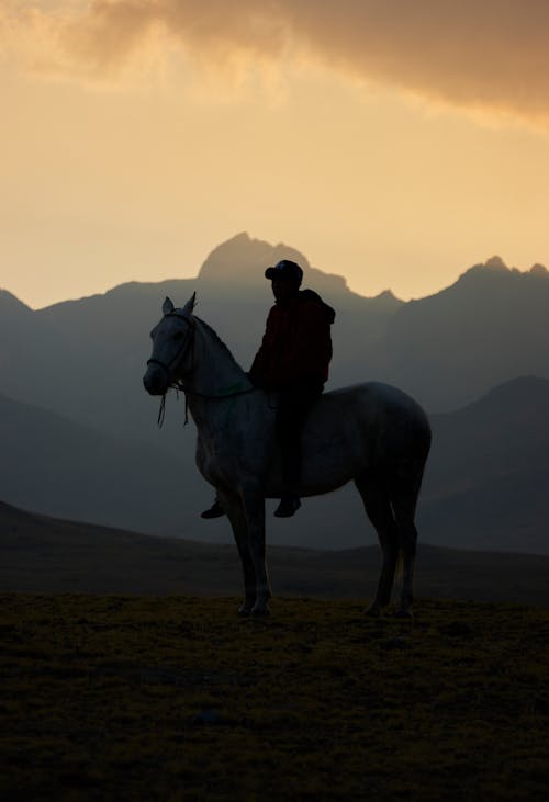 Silhouette of a Man on a Horse in a Mountain Valley 