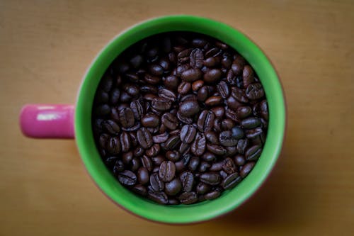 A green cup filled with coffee beans