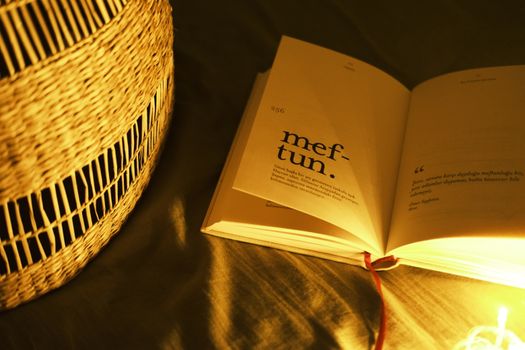 Open book under warm light, perfect for a cozy reading ambiance.