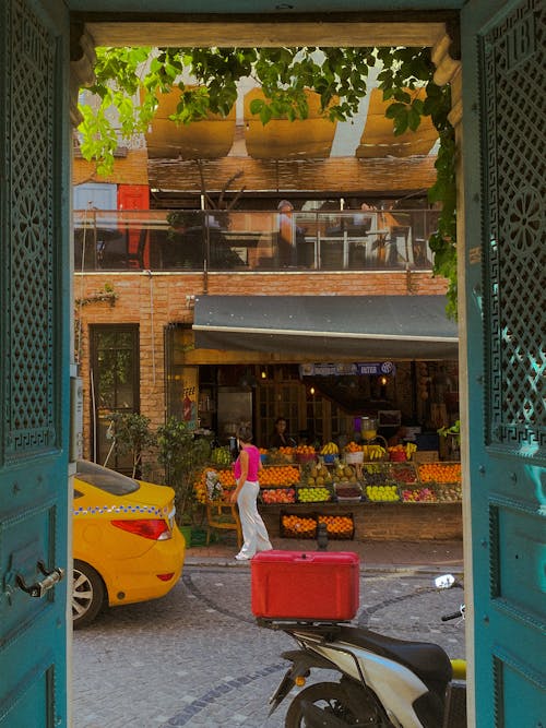 View of a Market Stall with Fresh Fruit and Vegetables in City 