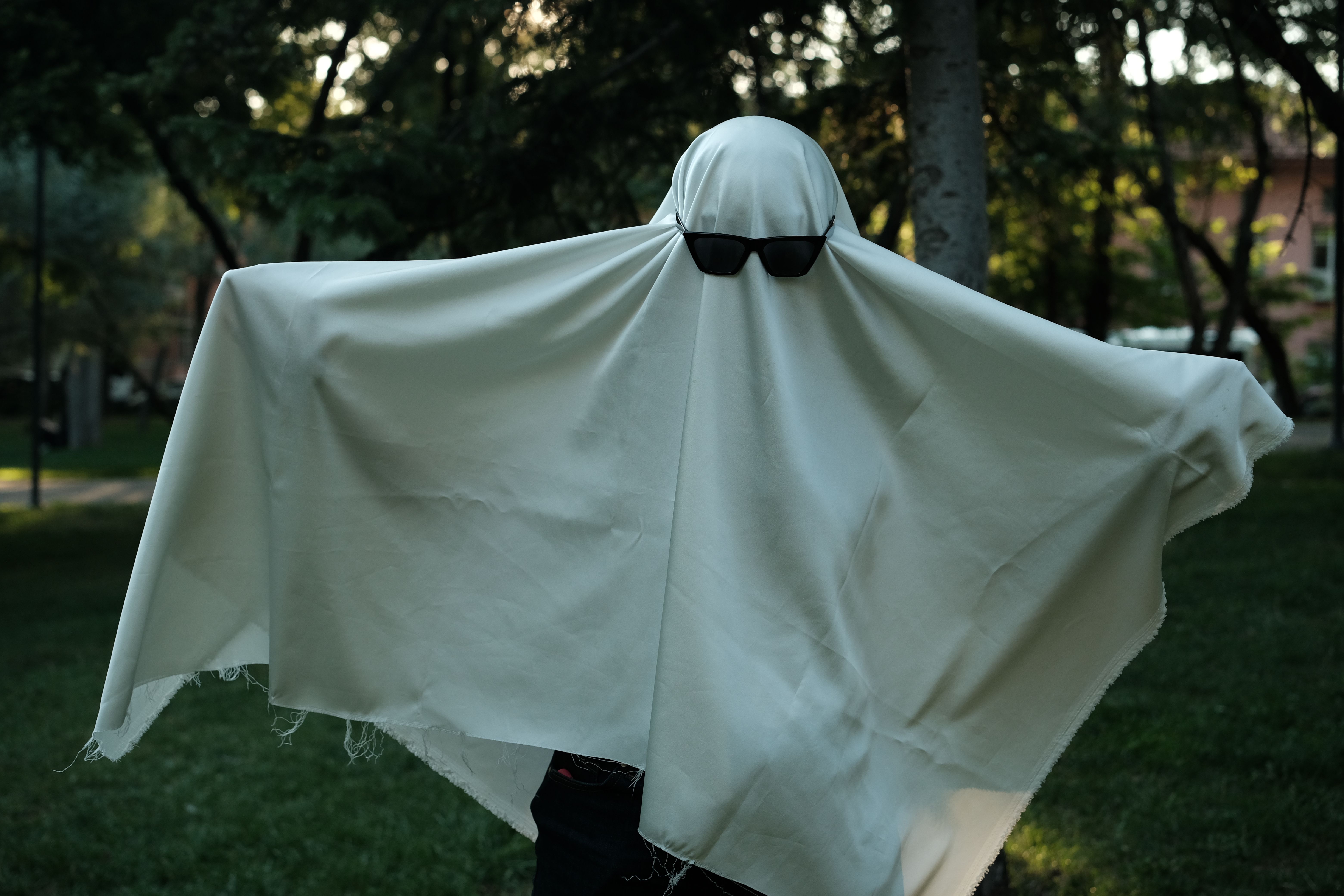 Ghost costume with sunglasses in a park setting, capturing a playful Halloween theme.