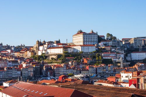 Beautiful aerial view of Porto, Portugal showcasing historic buildings and red rooftops.