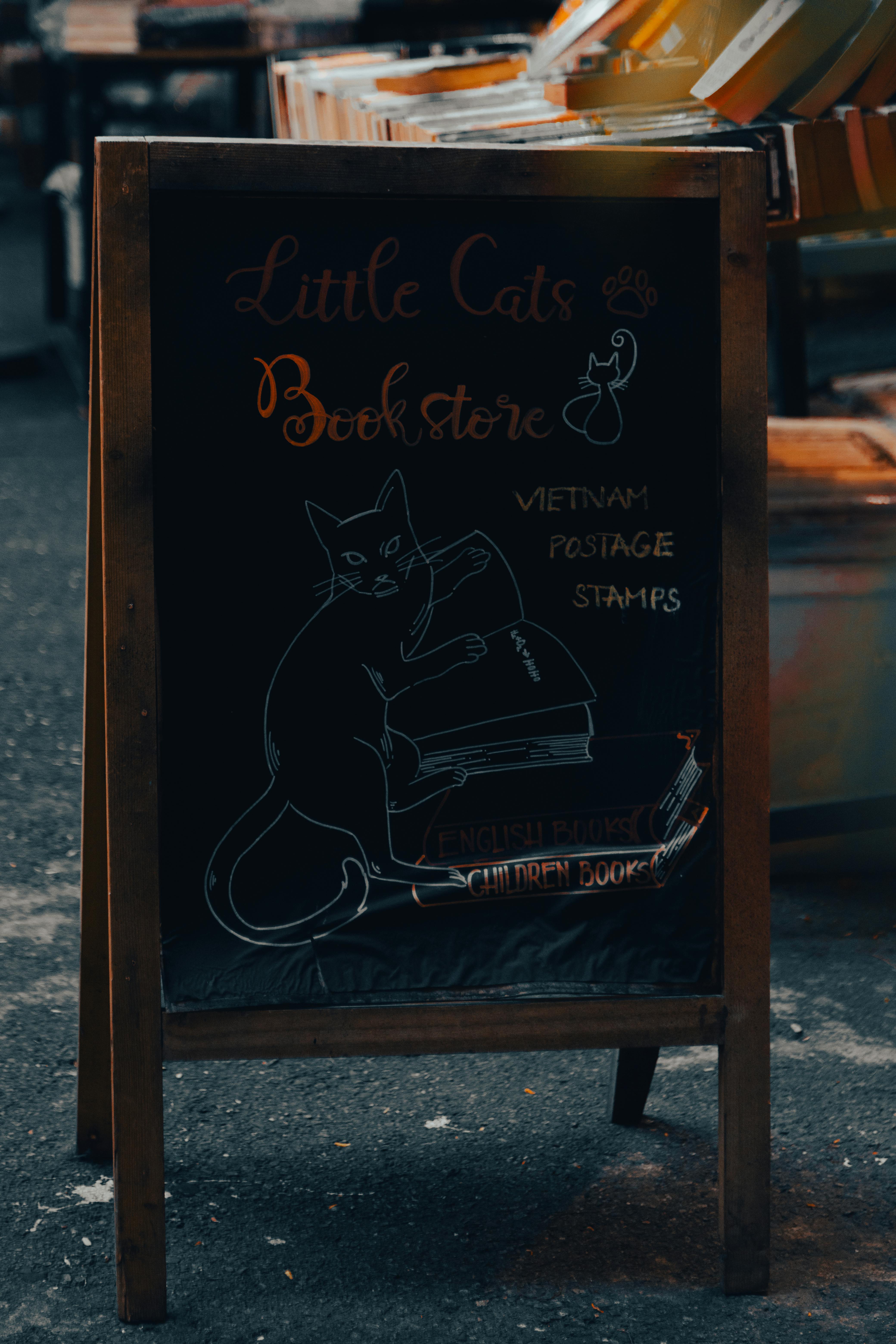 Outdoor chalkboard sign advertising the Little Cats Bookstore with creative cat drawing and offers.