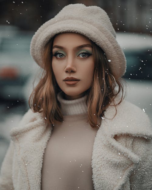 Model in Sheep Wool Coat and Bucket Hat 