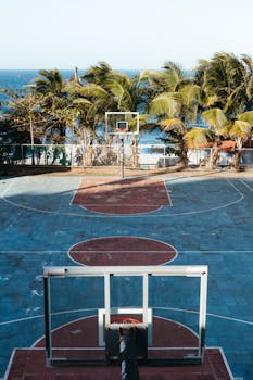 Aerial view of an outdoor basketball court with ocean and palm trees in the background.