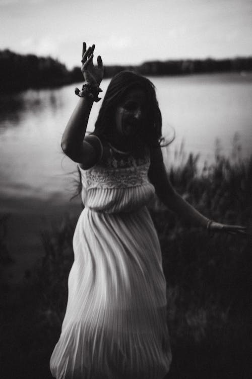 Woman in Dress in Black and White