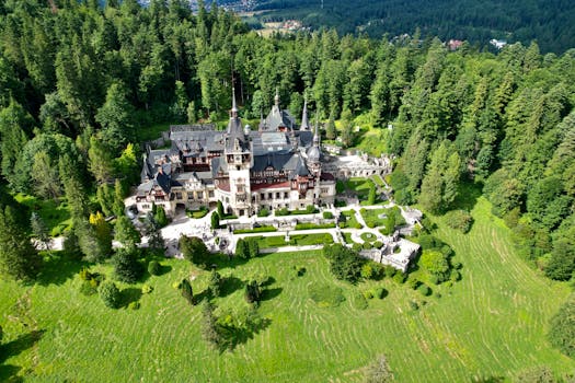 Majestic Peles Castle surrounded by verdant forest in Romania, viewed from above.