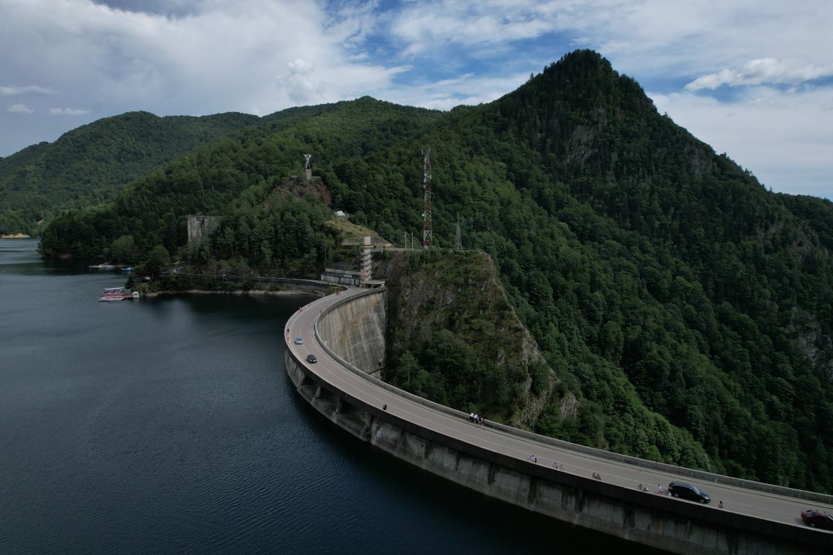 The Vidraru dam in Romania with the road across its crest