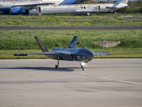 Turkish Baykar Bayraktar Kizilelma drone on a tarmac in Istanbul with aircraft in the background.