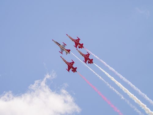 Free Stunning aerobatic maneuver by Turkish Stars over Istanbul with vibrant smoke trails in a clear sky. Stock Photo