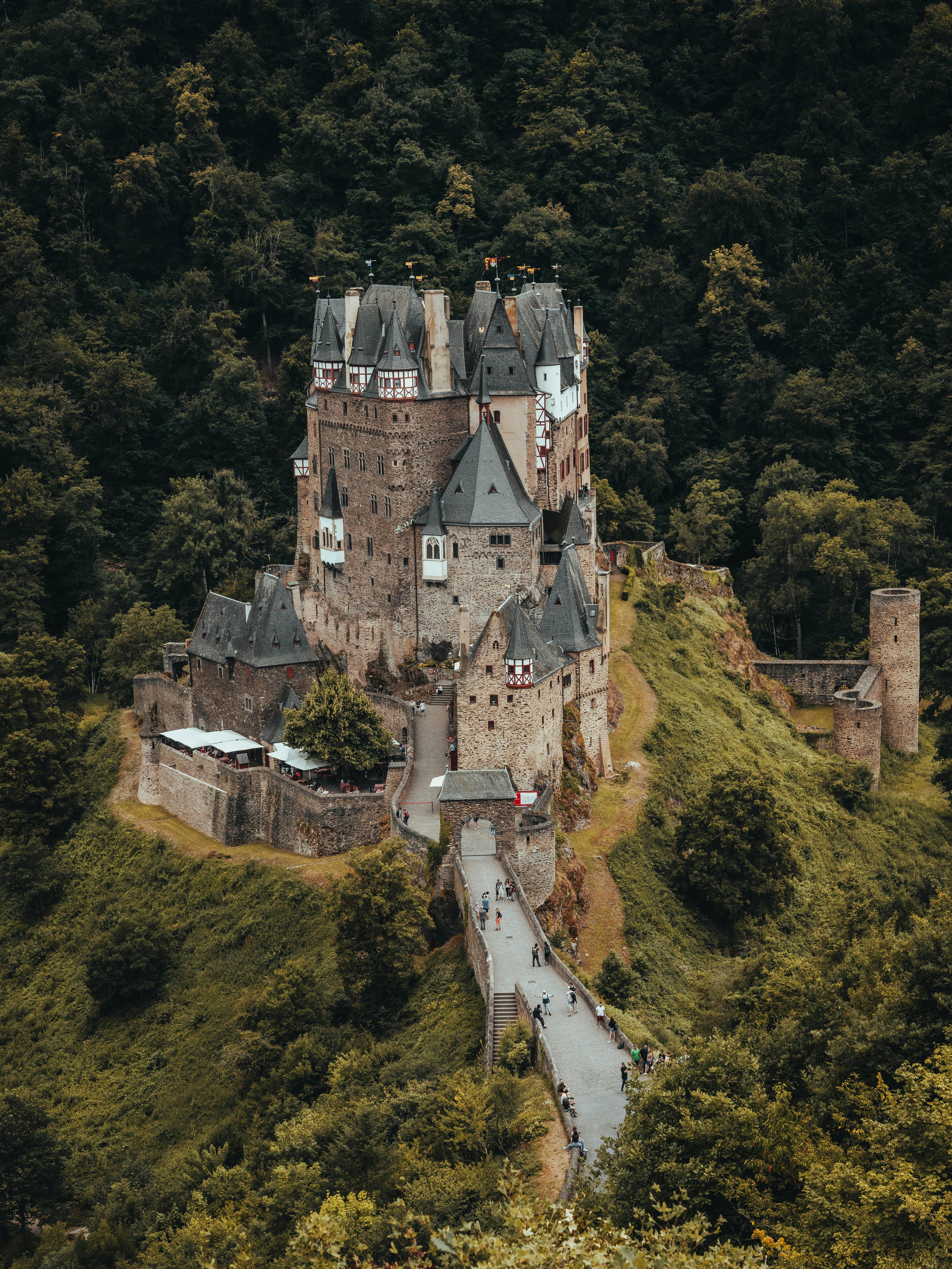 Majestic Eltz Castle surrounded by lush green forest, captured from above in Germany.